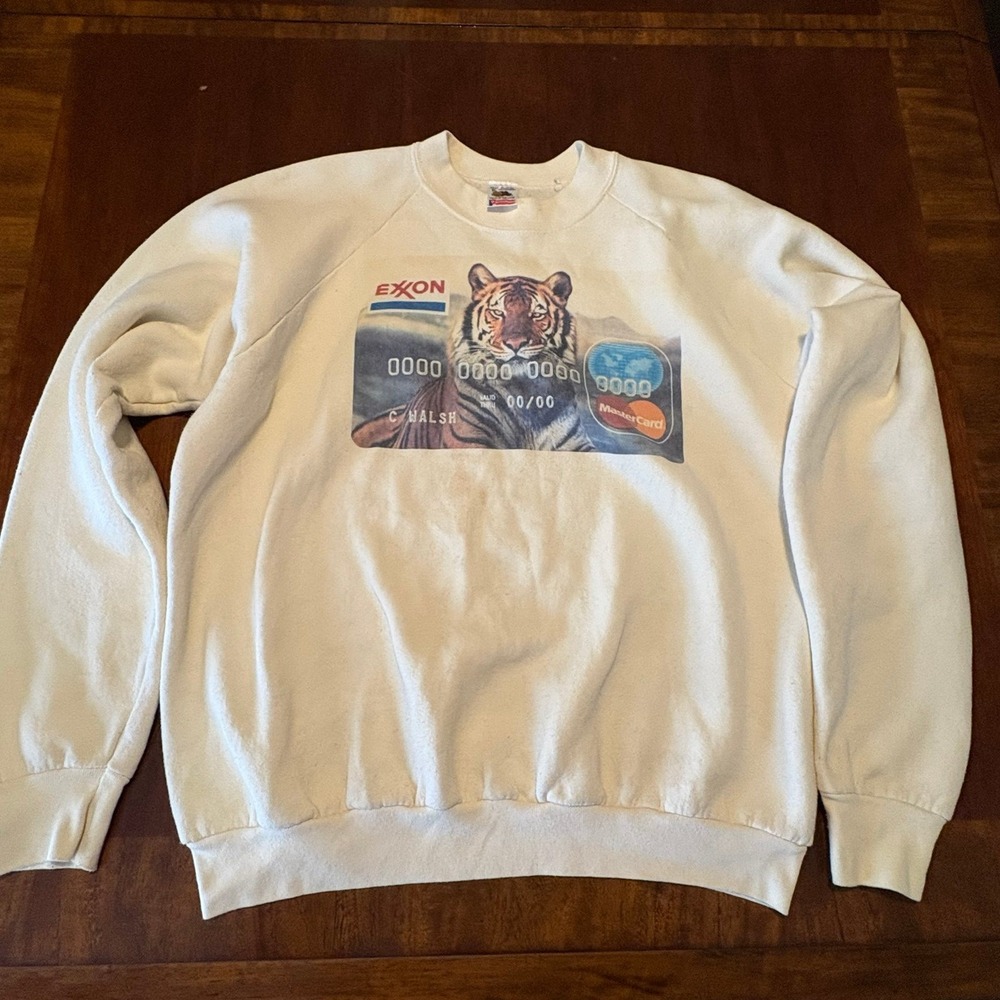 Vintage 90s Exxon Credit Card Tiger Sweatshirt - Fruit of the Loom - White - XL